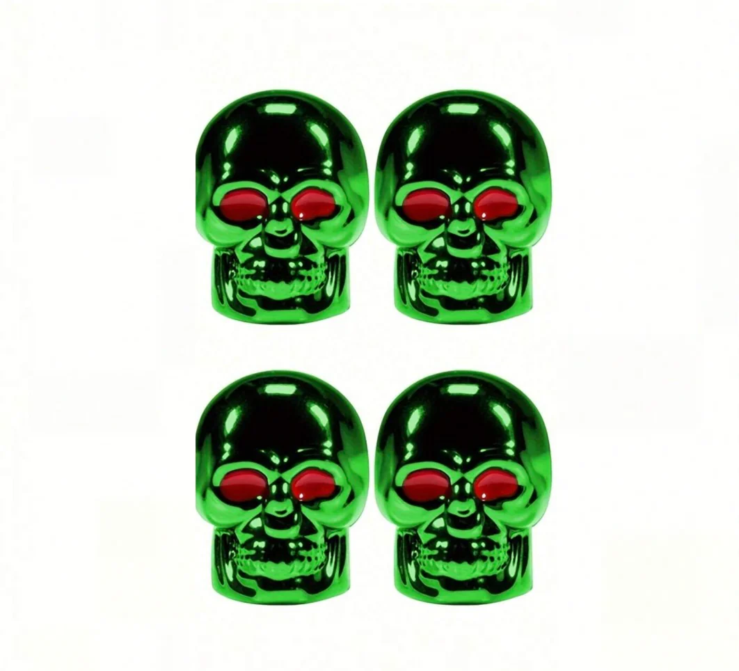 Set Of 4 Valve Dust Caps Green Skull